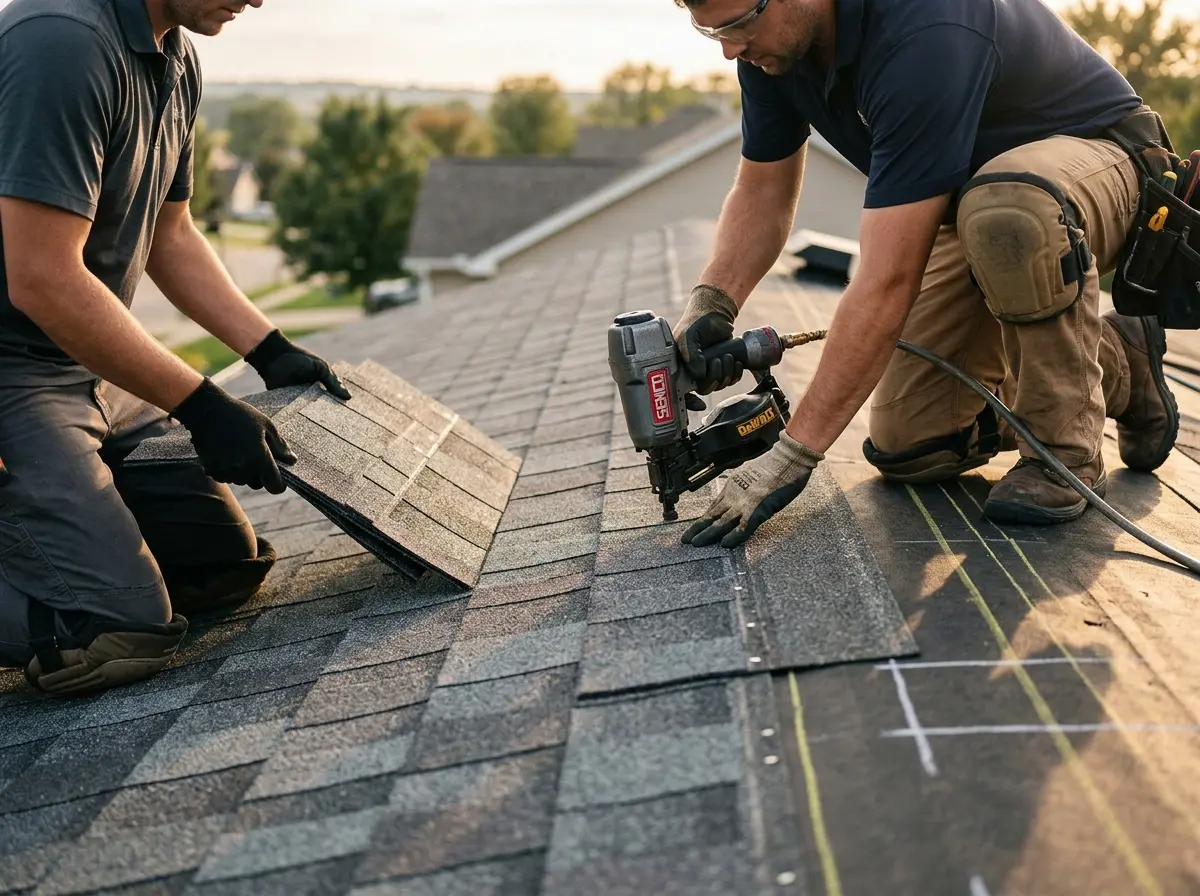Professional roofer working on a residential roof in Vernon